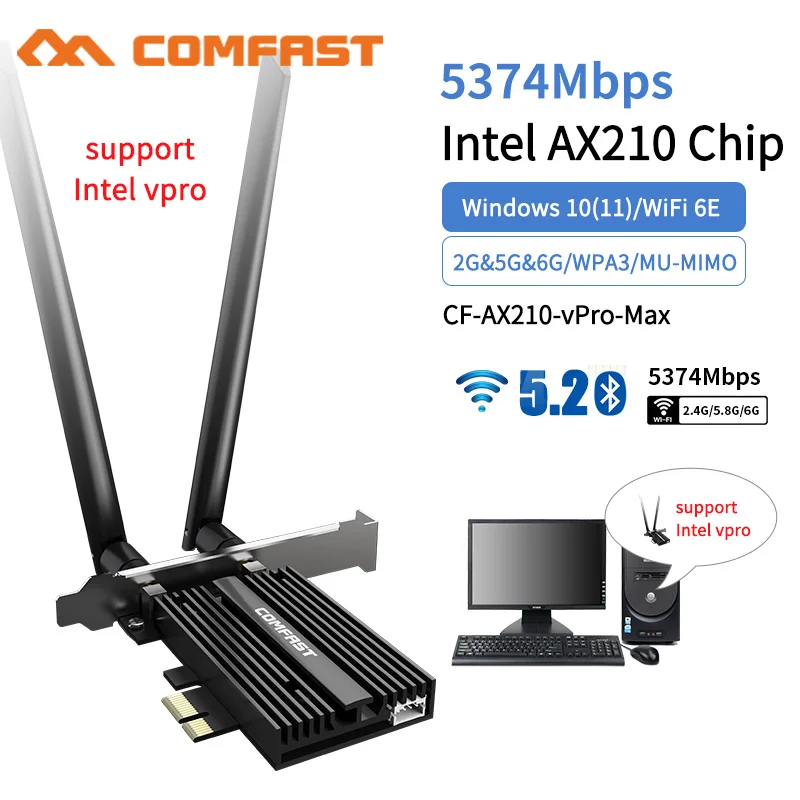 

Intel vPro Tri Band 5374Mbps Wifi 6E AX210 PCI-E Wi fi Wireless Card Bluetooth 5.2 802.11ac/ax AX210NGW Adapter 2*6dbi Antenna