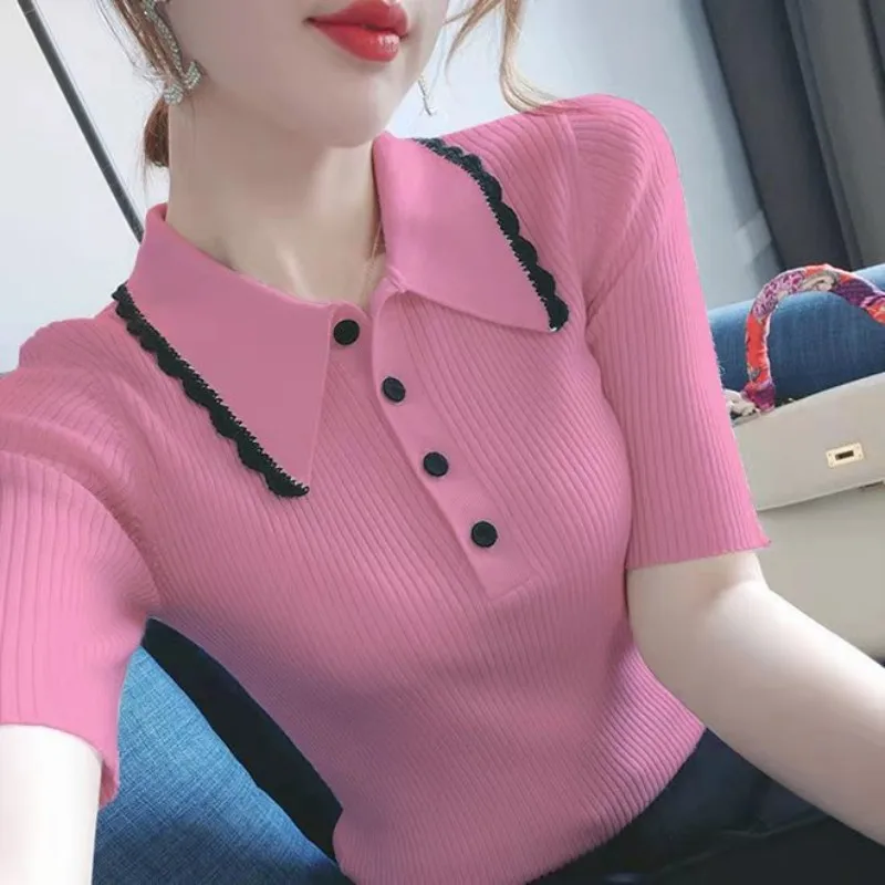 

Pullover Knitted Sweater Tops Women Korean Women Fashion Tops Polo Collar Casual Pink T Shirt Blusas Mujer De Moda 2021 Verano