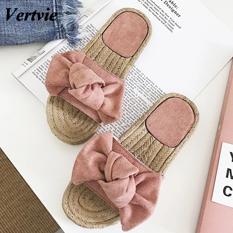 Модные милые женские тапочки с бантом розовые шлепанцы летние сандалии на