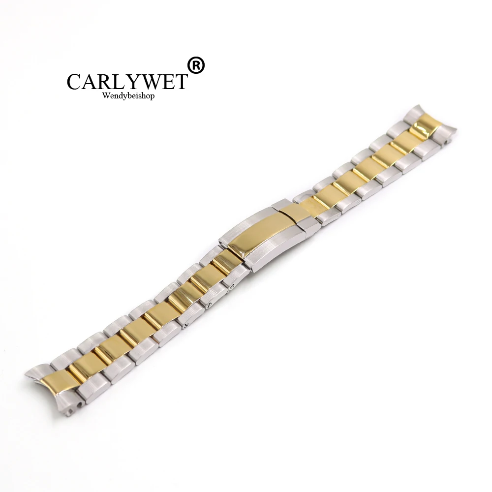 

CARLYWET 20mm 316L Stainless Steel Two Tone Middle Gold Solid Curved End Screw Links Deployment Clasp Watch Band Strap Bracelet
