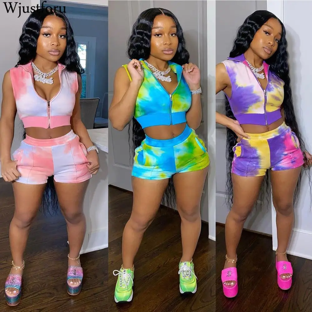 

Wjustforu Sexy Tie-dye Two Piece Set Women Clothes Zipper Jacket Crop Tops + Biker Shorts Summer Casual Sport Skinny Tracksuit