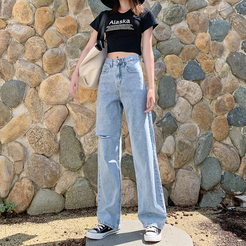 Женские прямые джинсы с высокой талией синие широкие в Корейском стиле
