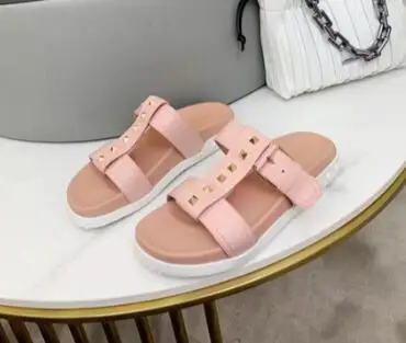 

BONJEAN Black Leather Women Slippers Sexy Open Toe Rivets Studded Flat Shoes Summer Cutouts Gladiator Shoes White Pink