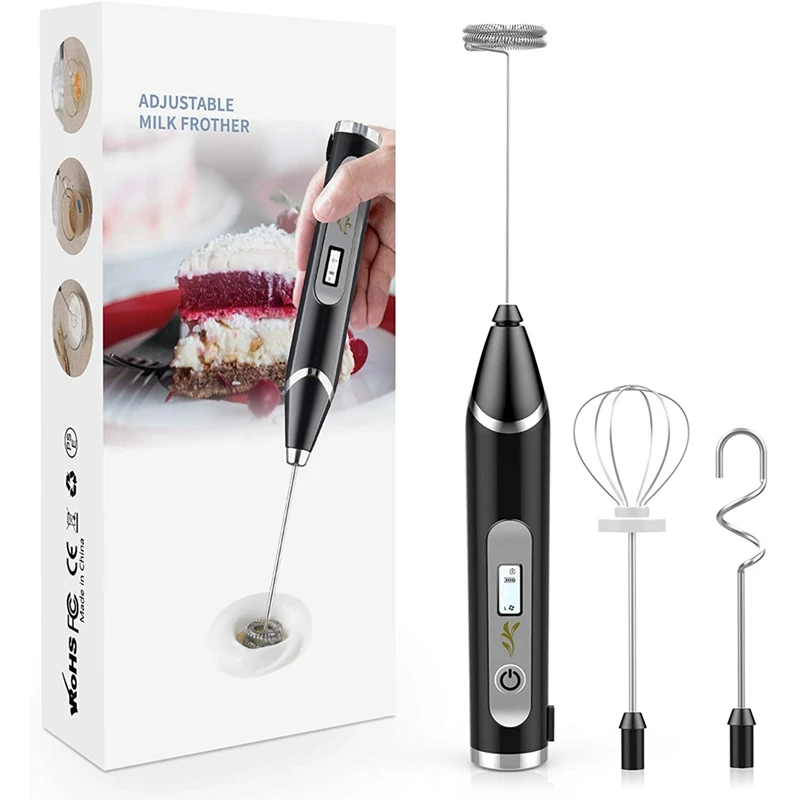 

Milk Frother, USB Rechargeable LCD Hand Mixer with 3 Stainless Steel Whisk, 3 Speeds Handheld Frother Whisk, Electric