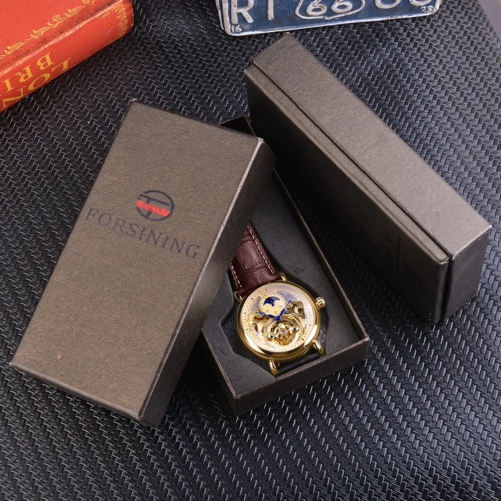 

Forsining 2018 Royal Golden Skeleton Display Blue Hands Brown Genuine Leather Belt Mens Mechanical Wristwatches Clock Male