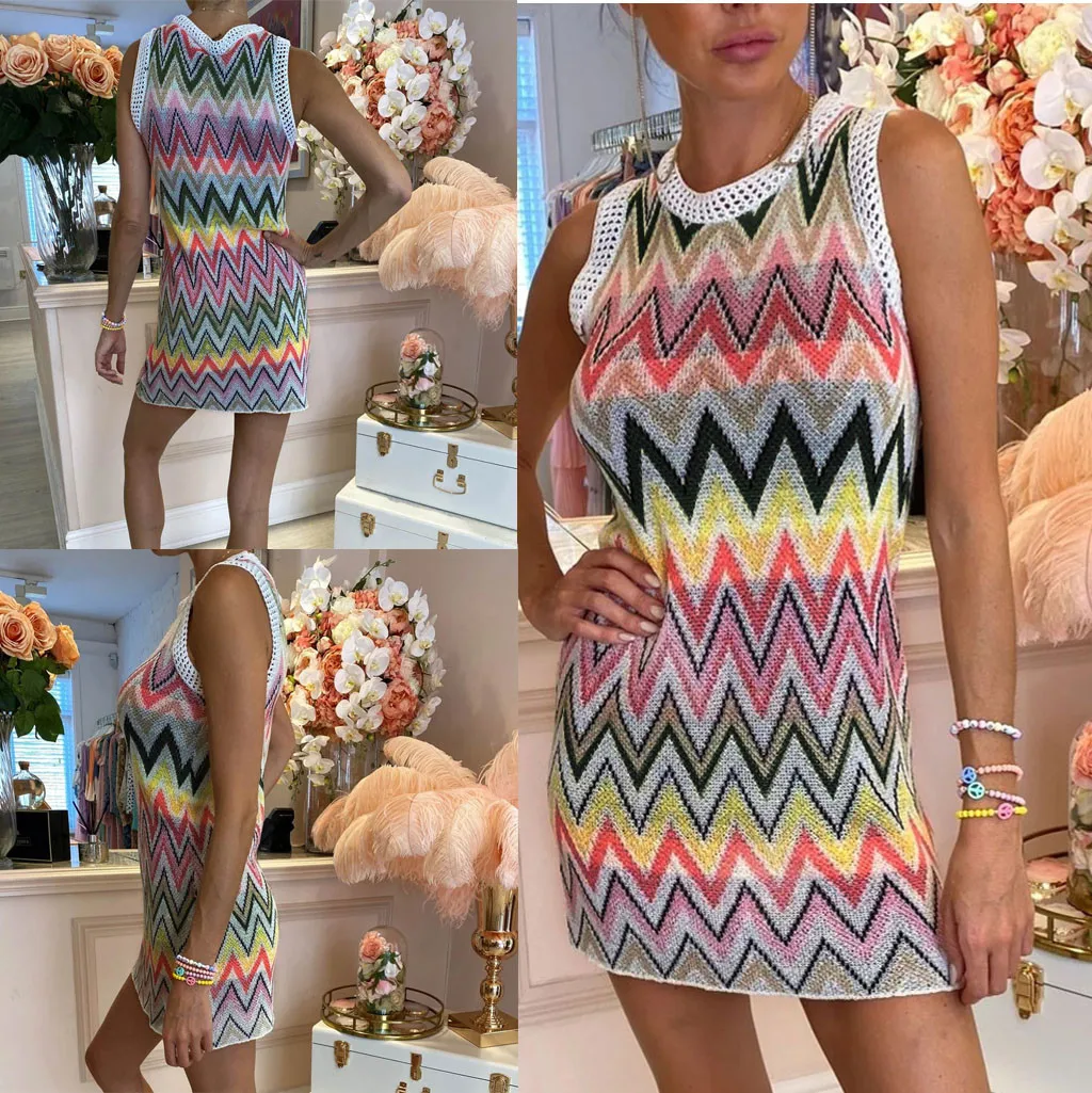 Женское модное милое цветное платье без рукавов с круглым вырезом женское