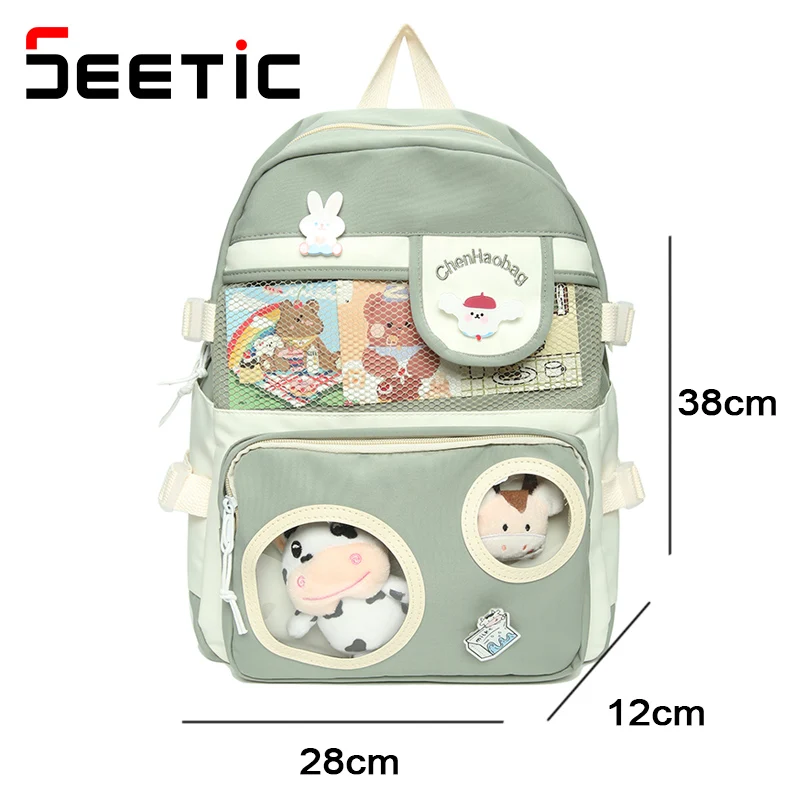 

SEETIC Kawaii Nylon Women Backpack Multi-Pocket School Bag For Women Waterproof Student Backpack Anti-Theft Laptop Bag Female