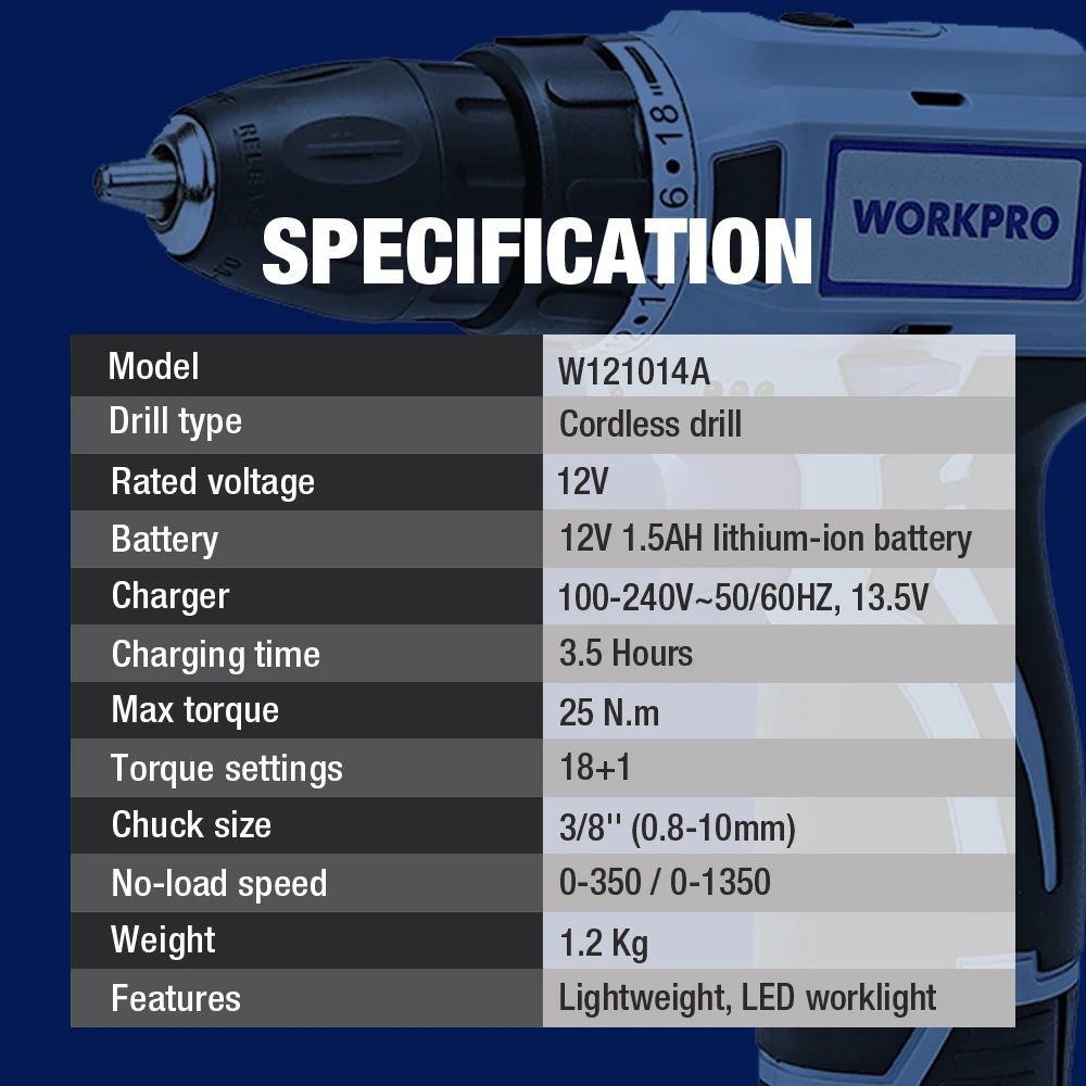 WORKPRO 12V Аккумуляторная дрель электрическая отвертка Мини Беспроводной Мощность