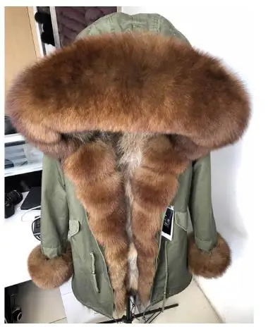 fox fur collar Роскошное пальто, парка из натурального меха, зимняя куртка, женское длинное пальто, подкладка из натурального Лисьего меха, съемный большой натуральный мех енота, воротник с капюшоном - Цвет: fox fur collar