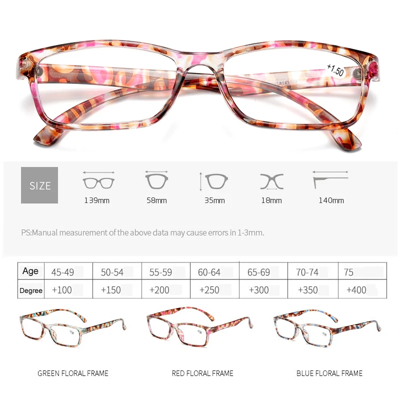 Rectangular Glasses Frame Reading Female Men Women Presbyopia Anti-blue Light Glasses Diopter Hyperopia Prescription Glasses