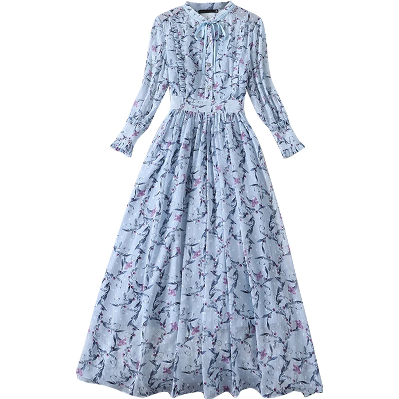 

Женское шифоновое платье-трапеция, однобортное платье с цветочным принтом, воротник-стойка, рукав на четверть, весна 2021