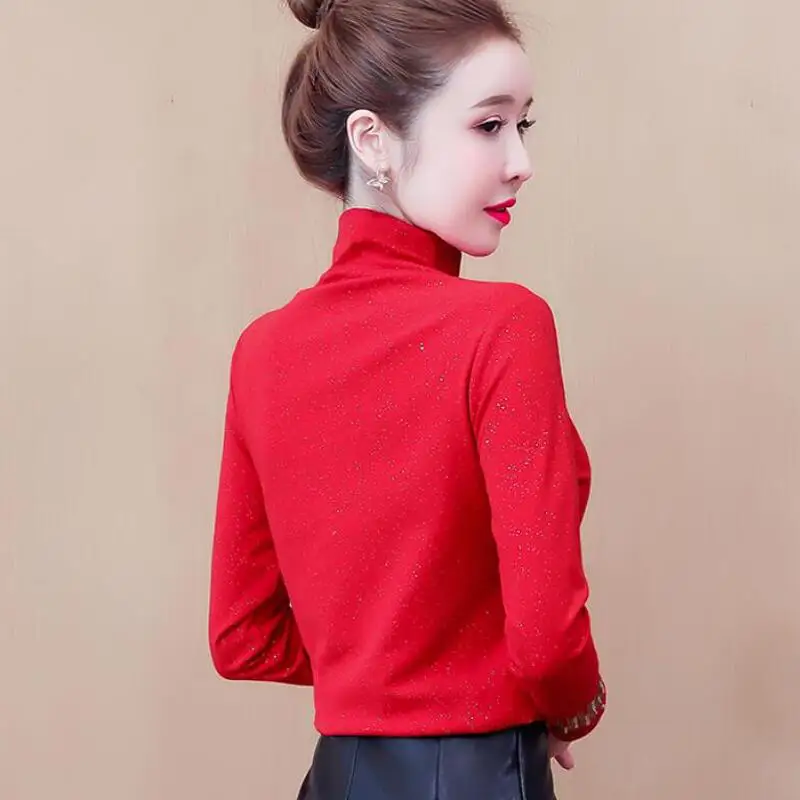 

Vintage Shiny Women Blouses Long Sleeve Turtleneck Fashion Diamonds Blouse Women Shirts Korean Plus Size Women Tops Blusas Mujer