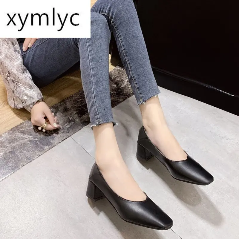 

2020 new women's high heels set foot comfort square heel sexy prom wedding shoes PU leather women shoes high heel Basic