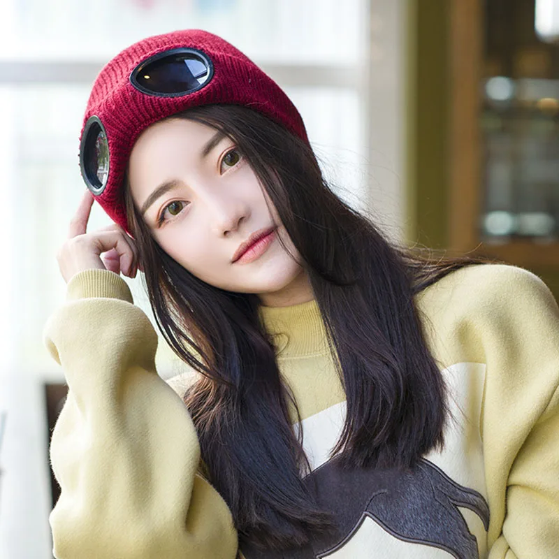 

1 Pcs 2019 New Solid Color Unisex Ski Cap Women Men Knitted Hat Cap Thicken Warm Beanies Skiing With Glasses Winter