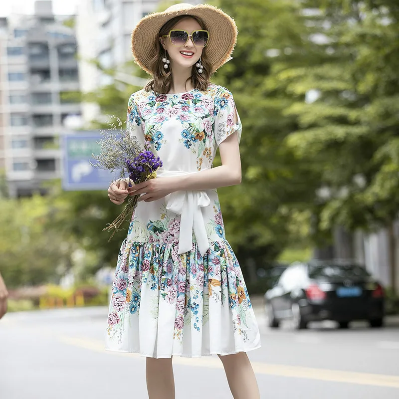 

Праздничное платье модельеры летняя одежда для женщин 2020 модное платье до колена с коротким рукавом и цветочным принтом Повседневное плать...