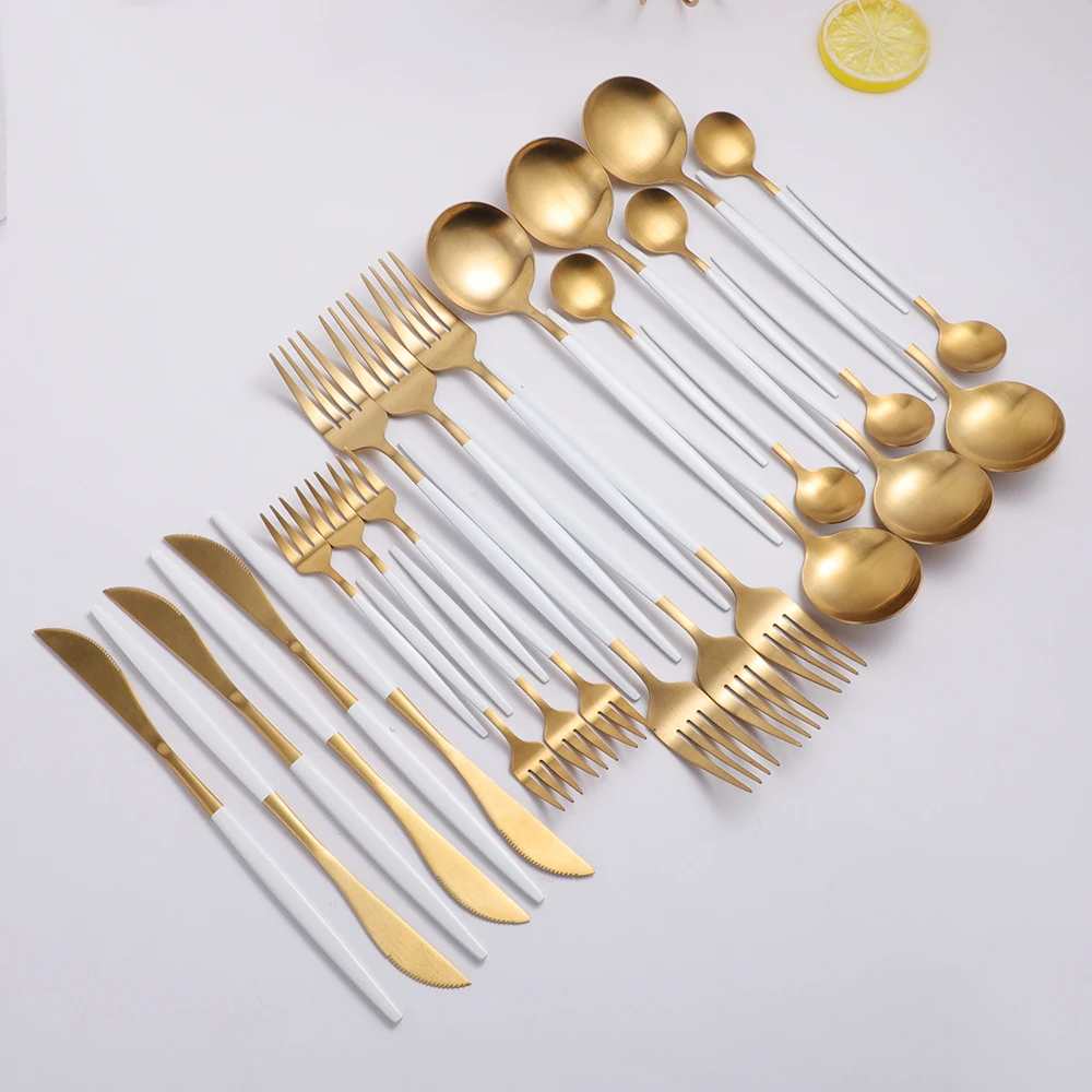 Western Forks Knives Spoons Matter Dinnerware Sets White Gold Cutlery Set Stainless Steel Dessert Fork Spoon Set