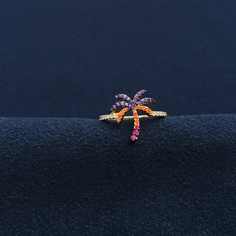 

S925 sterling silver June new golden yellow colorful coconut tree starfish flower and bird ring female classic Moroccan jewelry