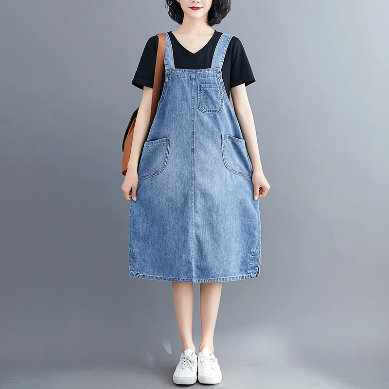 

Loose Plus Size Denim Dress Women Casual Straight Autumn Suspender Dresses Off Shoulder Straps Vestidos Mujer Midi Jeans Dress