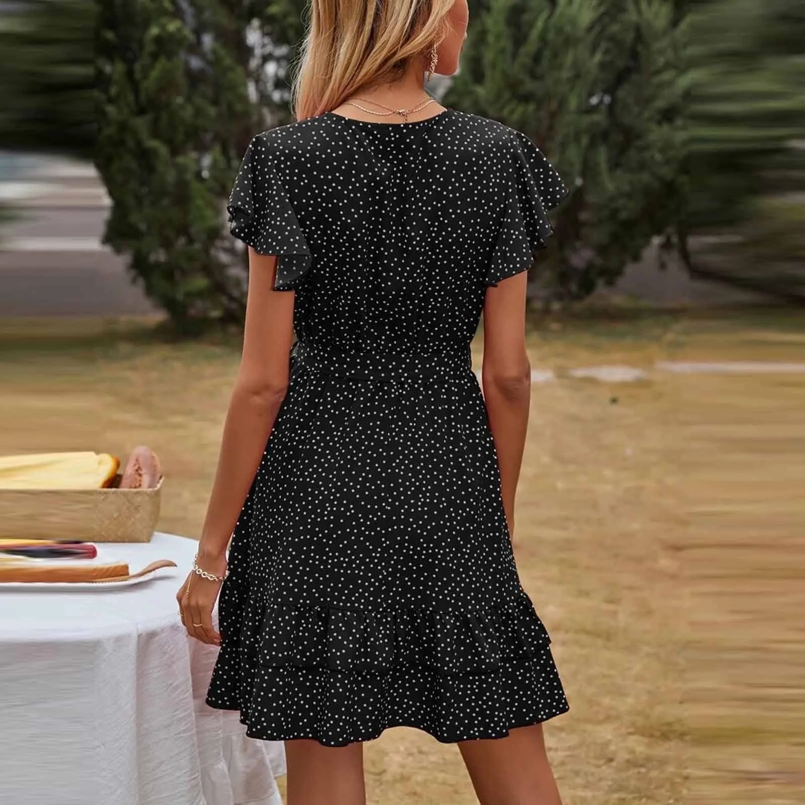 

Bohemian Wave Point Print Dress 2021 Women Summer Short Sleeve Ruffles Casual Dresses Fashion All-match Dress With Belt Vestidos
