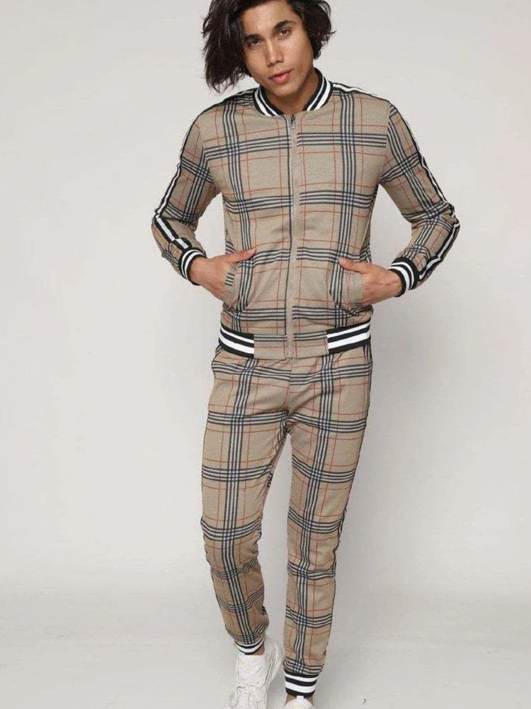 

Gentlemen Men's track suit Suits European American Trends 3D Print Lattice Zipper Slim Casual Fashion Zip-Up Coat Tracksuits Men