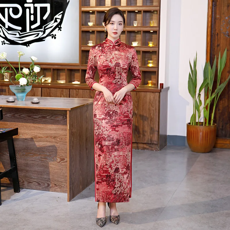 

Сексуальное Красное китайское платье для выпускного вечера с цветочным принтом атласное женское облегающее платье Ципао большого размера ...