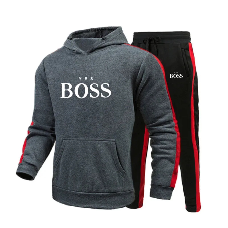 

Men Yes Boss Print Suit Two Pieces Set Men's Hoodies Sweatshirt+Pants Male Hoody Jogging Tracksuit Men Sportswear Brand Outfit