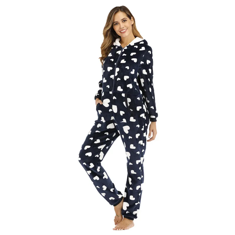 

Flannel Jumpsuit Winter Women Romper Heart Print Pajamas Hooded Lovely Homewear Warm Clothes Female Velvet Sleepwear Monos Mujer