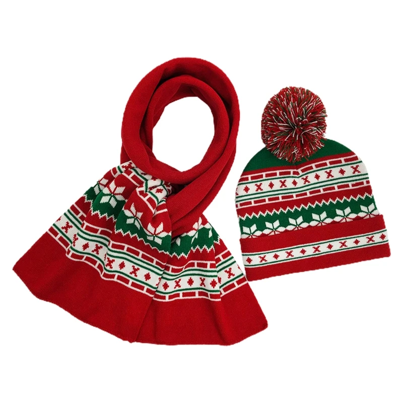 

Unisex Winter 2Pcs Christmas Beanie Hat Long Scarf Set Snowflake Stripes Knitted Pompom Skull Cap Holiday Neck Warmer