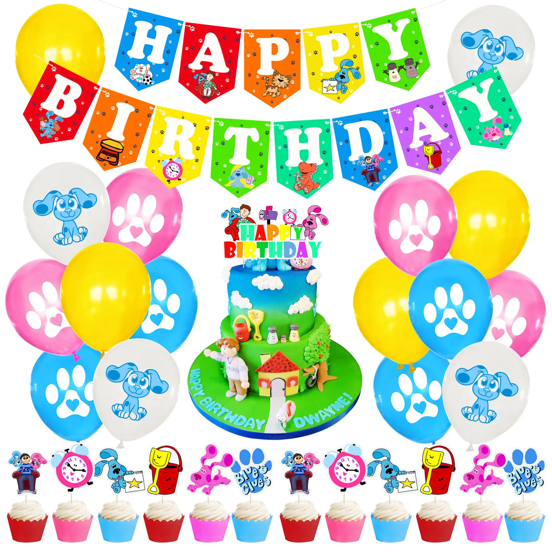 1set Blues Clues Balloons Cute Blue's Dog Footprints with Cake Topper Banner Happy Birthday Baby Shower Party Bluey Decorations | Дом и