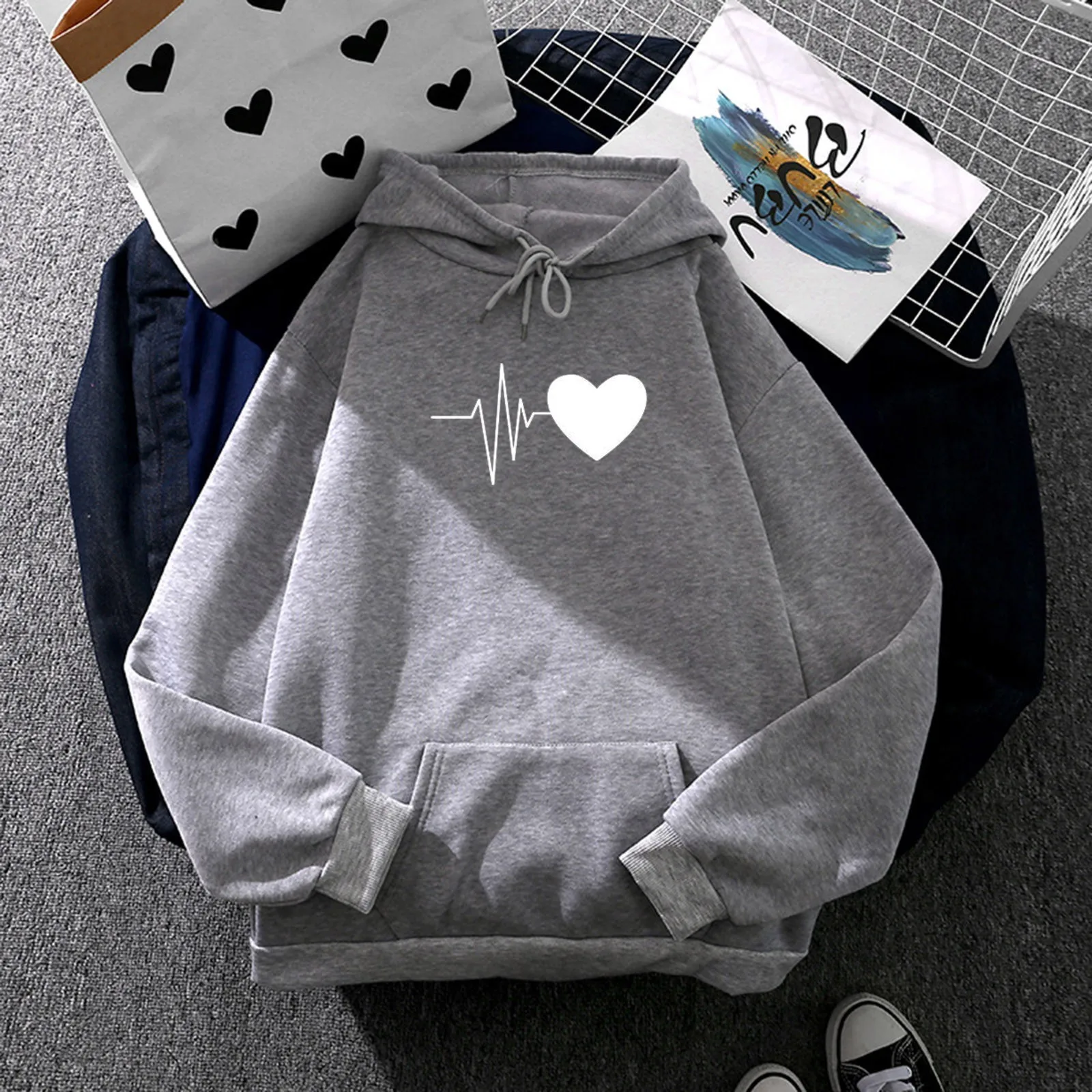 Women Casual Heartbeat Printed Top Long Sleeve Loose Hooded Sweatshirt Top With Pocket Streetwear Women Oversized Hoodies