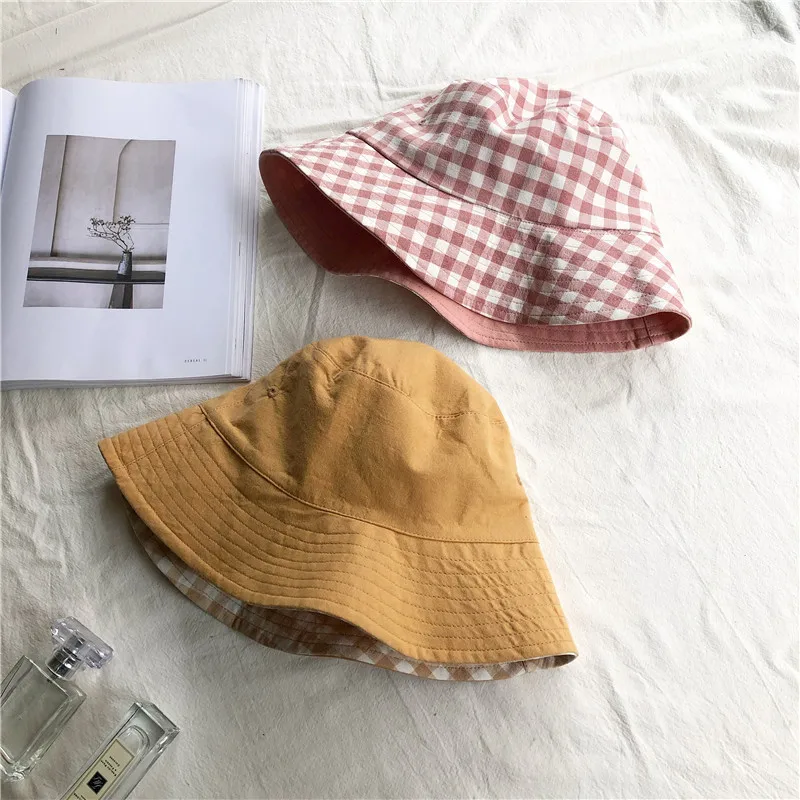 

Casual Double-faced Plaid Bucket Hats Korean Version of Summer Lovely Sunshade Sunscreen Fisherman Hat Dome Basin Hat