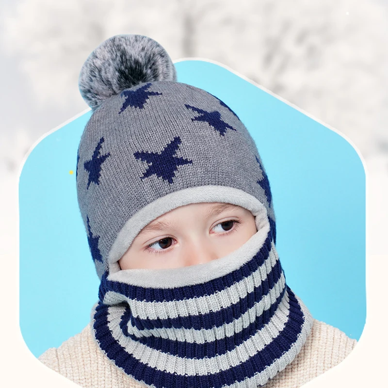 

Winter Kids Hat Pom Pom Knit Beanie Hats for Baby Boy Hat Scarf Snood with Fleece Lining Caps for Boys
