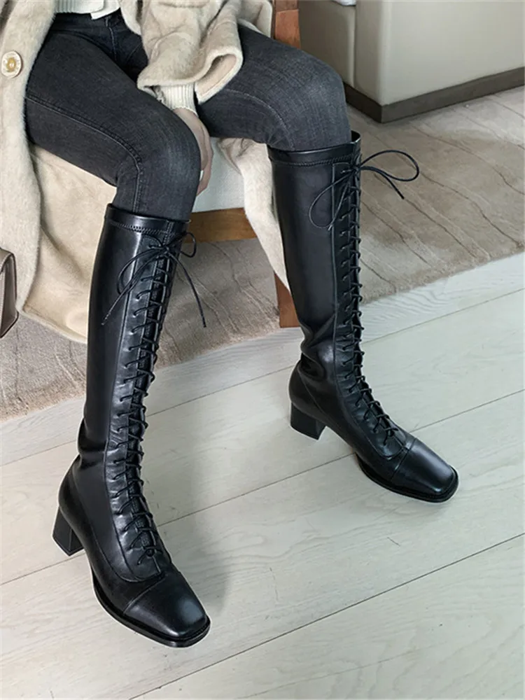

ASUMER 2020 hot sale autumn winter knee high boots women genuine leather +pu cross tied thick heel casual shoes ladies boots