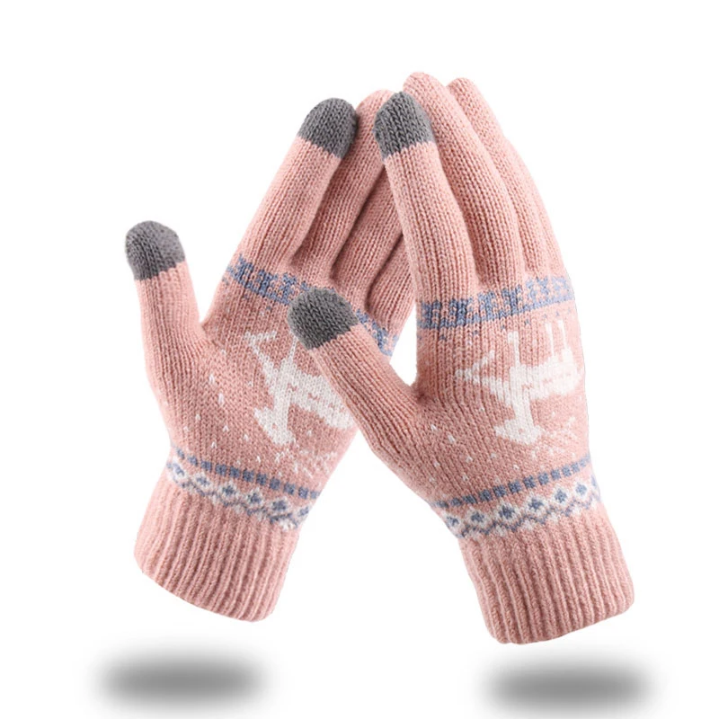 Women NEW Christmas Elk Deer Gloves Knitted Thicken Winter Warm Touch Screen Gloves Full Finger Mittens Red Pink Black Gloves