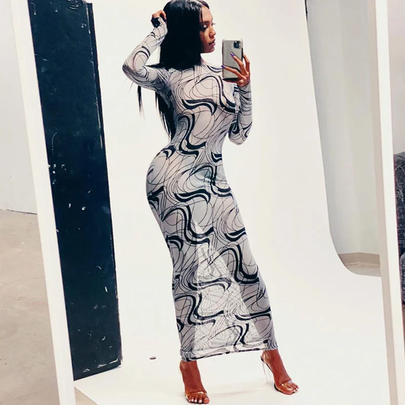 

Sylph Sexy Maxi Dress Backless Hollow Out O-neck Long Sleeve Party Dresses Printed Fashion Mesh Vestidos Autumn Winter Clothes