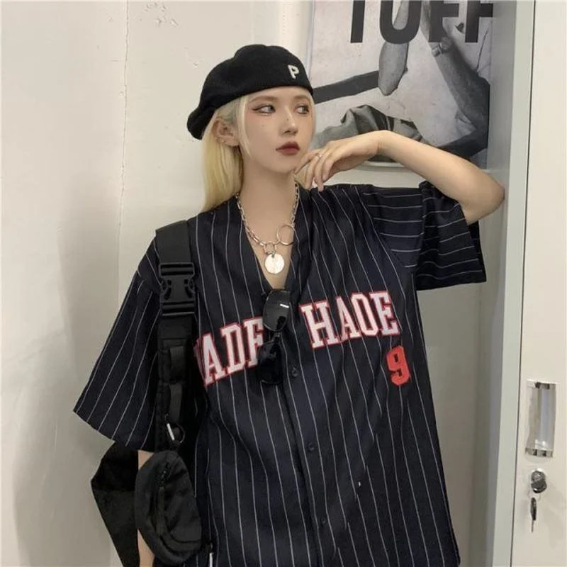 

Hip Hop Gray Loose Single Breasted V Neck Men Shirts for Women Vintage Tops Summer Plus Size Clothes for Teens Baseball Uniform