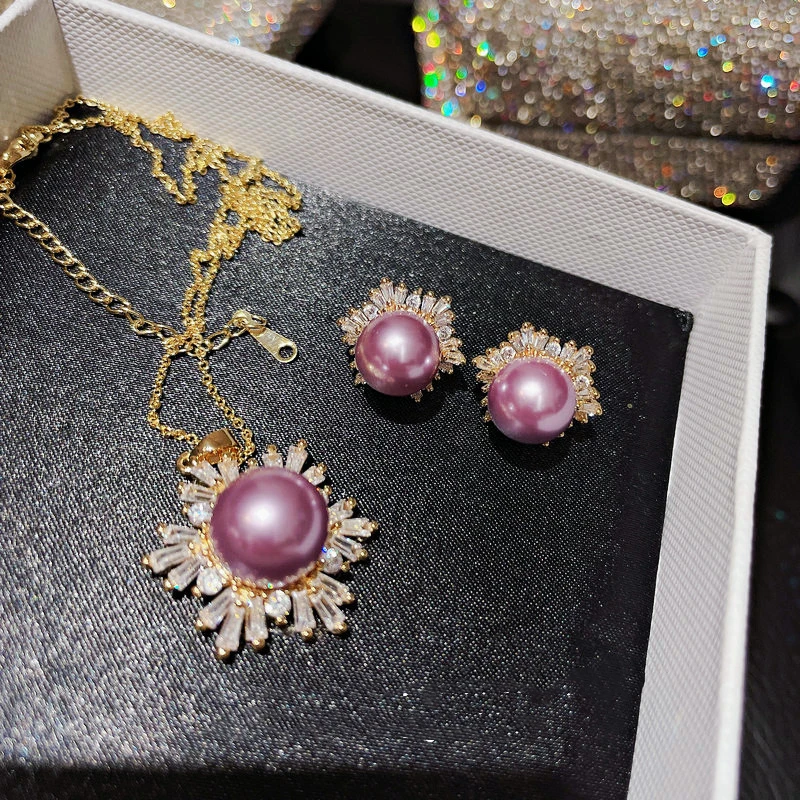 

Gold Plated Purple Shell Pearl Stud Earring Charm Necklace Jewelry Set With Zircon Stone Women Fashion Party Jewelry
