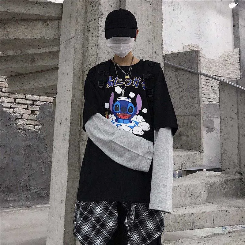NiceMix Женская Harajuku Винтажная футболка с длинным рукавом Ulzzang лоскутное письмо комический принт свободный Круглый Вырез Эластичный весенний зимний топ F