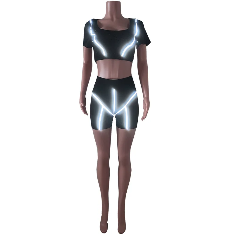

ZKYZWX Neon Reflective 2 Piece Set Women Summer Tracksuit Crop Top Biker Shorts Suits Lounge Wear Outfits Sporty Matching Sets