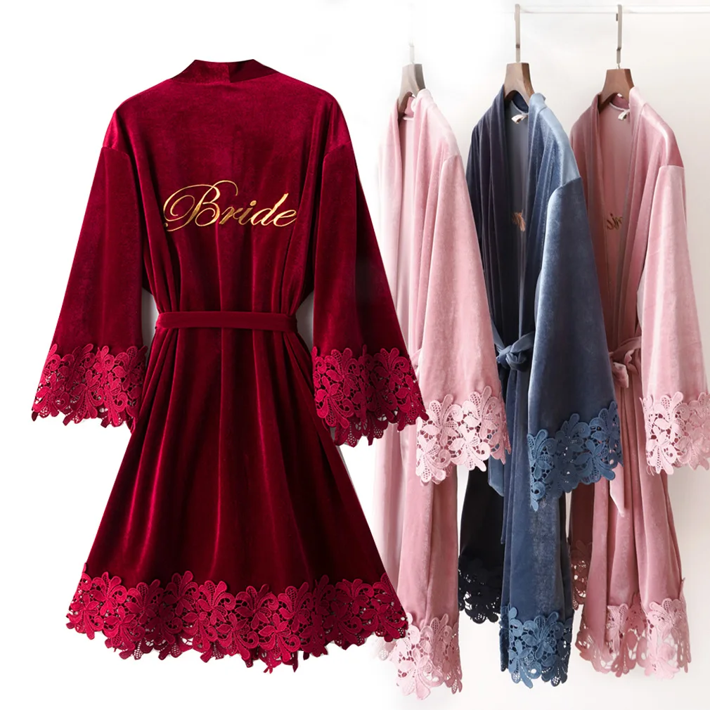 

Velour Lace Embroidery Bride Wedding Robe Women Bathrobe Homewear Nightgown Velvet Casual Sexy Sleepwear Nightdress Home Clothes