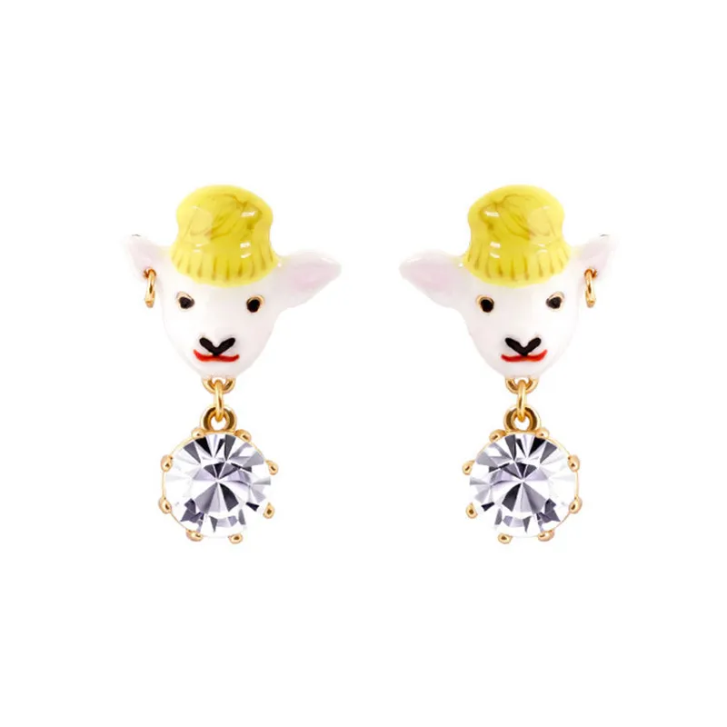 

Autumn gold-plated enamel jewelry shiny gemstone earrings woolen hat sheep bleating no pierced ear clip earrings female