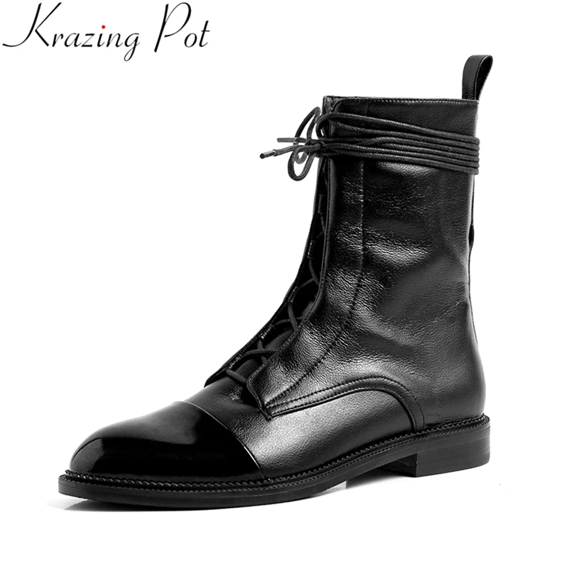 

Krazing Pot 2022 ins genuine leather low heels Chelsea boots winter keep warm cross-tied lace up patchwork concise ankle boots