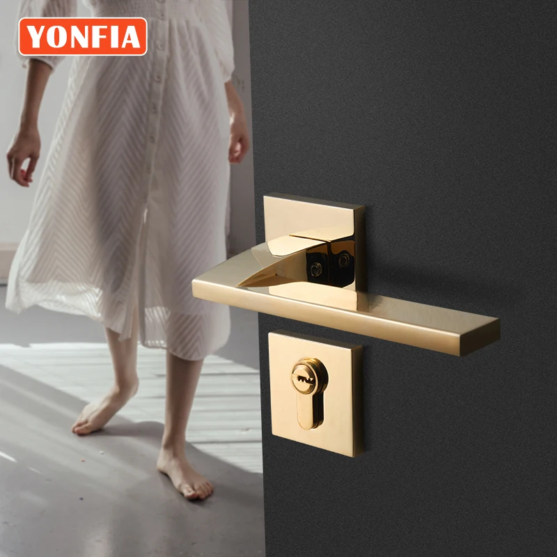 yonfia 8039 square privacy pvd gold home room wood door lock handle set bathroom mortise lever door handle for interior door free global shipping