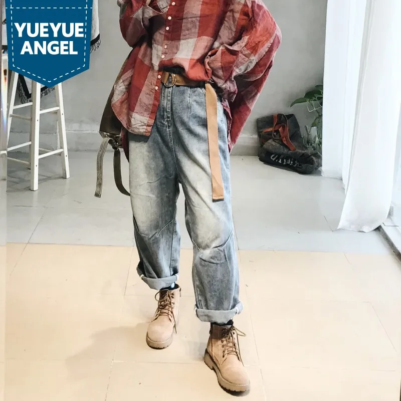 

Винтажные свободные джинсы, женские однотонные джинсовые мешковатые брюки с перекрестными штанинами в стиле High Street, осенне-зимние новые бр...