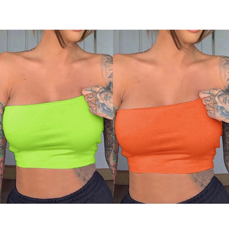 

Womens Neon Green Camis Tanks Tops Sleeveless Cotton Bustier Unpadded Bandeau Bra Vest Crop Top Seamless Bralette Tees