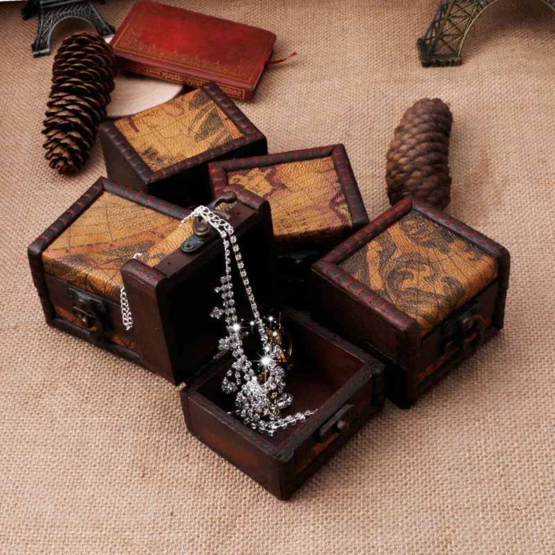 

Vintage Wooden Map Storage Box Case Jewellery Cufflinks Chest Small Gift New