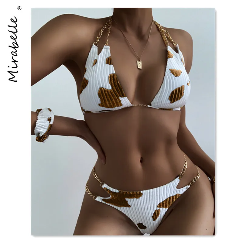 

2021 новые сексуальные с принтом коровы цепи комплект бикини Для женщин купальники с v-образным вырезом Высокая талия Купальник Для женщин ле...