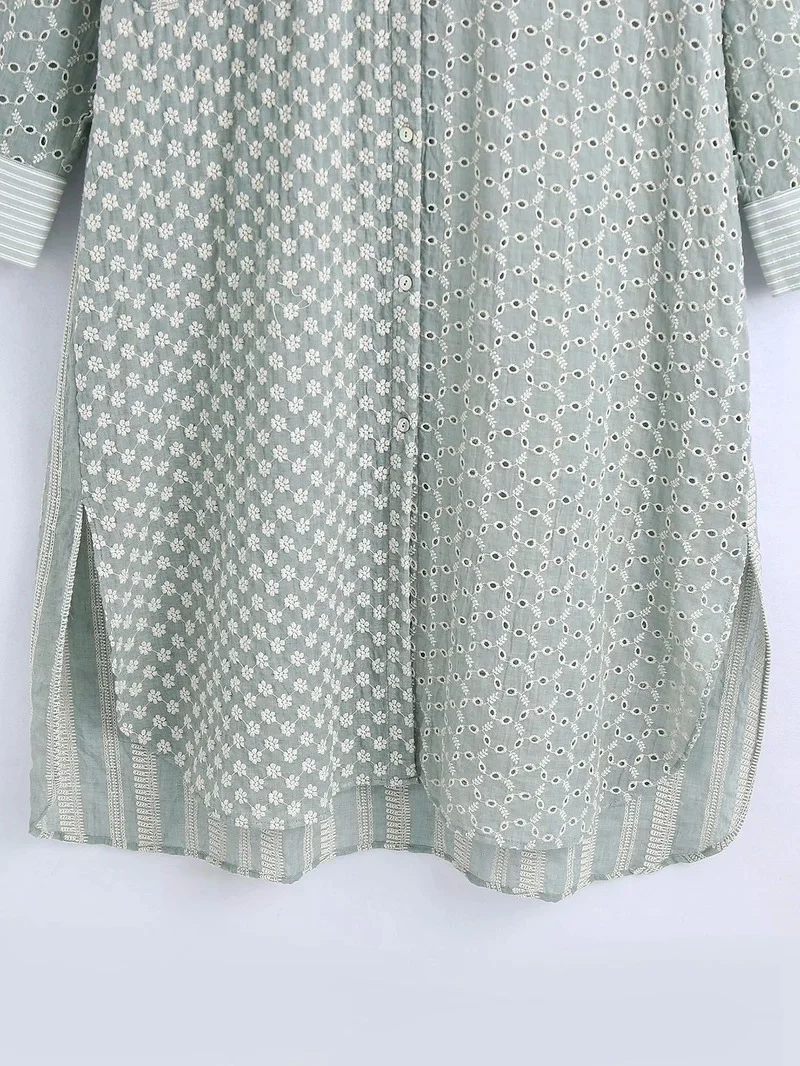 

Summer Shirt Fashion Chic Patchwork Embroidery Lengthened Oversized Shirt Retro Lapel Pocket Women Long Sleeve Casual Top