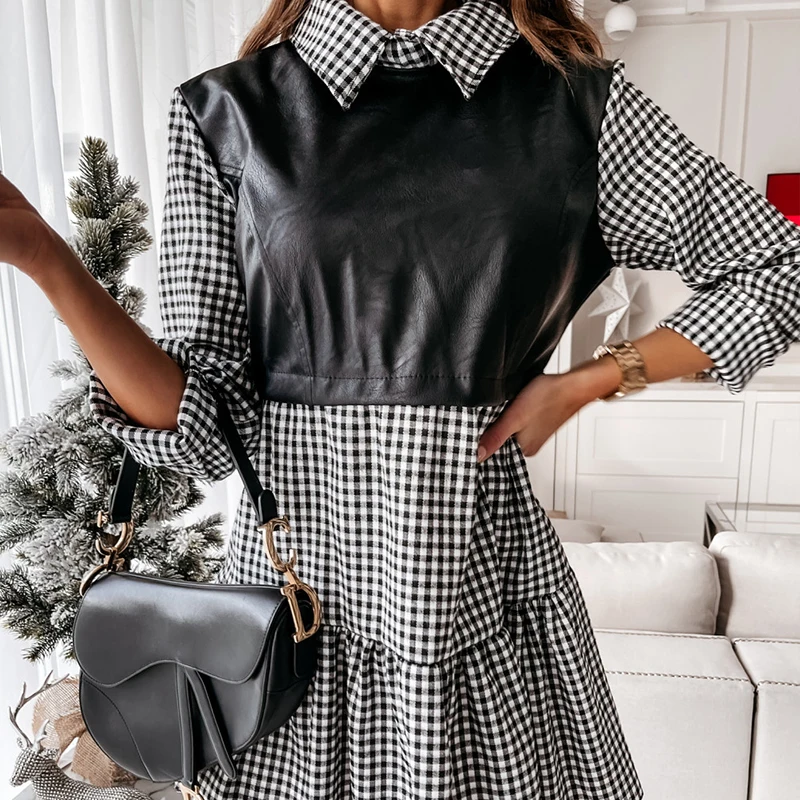 

Spring Faux Leather Patchwork White Shirt Dress 2021 Women Casual Long Sleeve Plaid Chic Dress Lady Mini A Line Office Vestidos