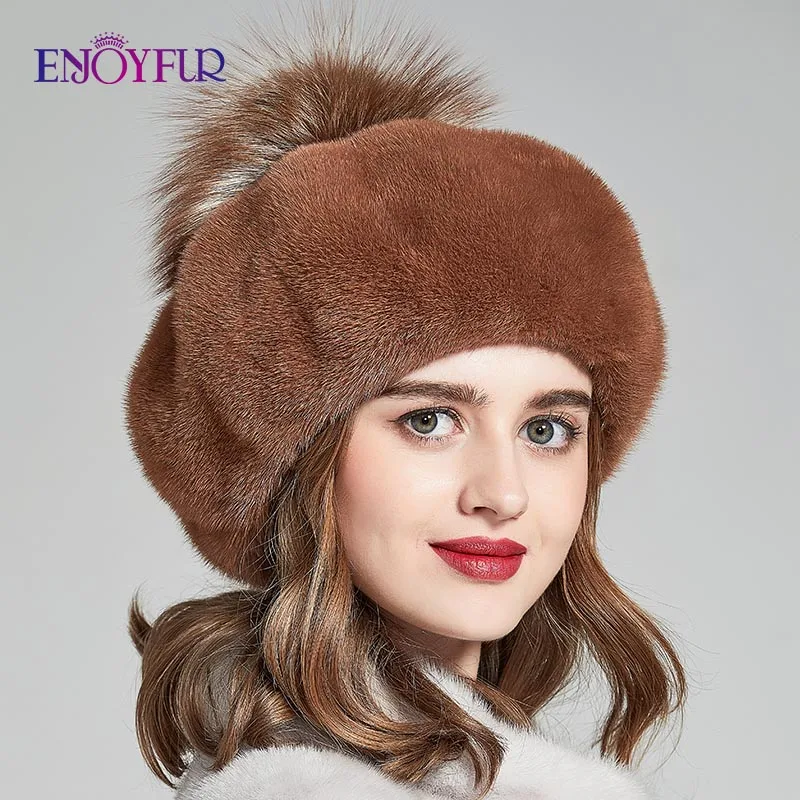 ENJOYFUR полностью из норки меховые зимние шапки для женщин роскошный натуральный мех шапка с помпоном Женская мода восьмиугольная шляпа новые теплые шапочки